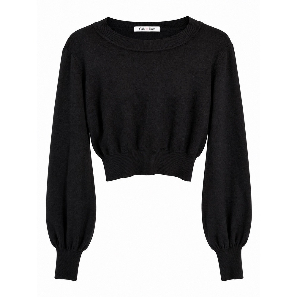Gab Kate Black Cropped Knit Sweater Balloon Sleeve Minimalist Y2K Top S/M